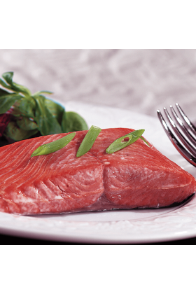 Fresh Sockeye Salmon Fillets displayed on a clean, white surface.