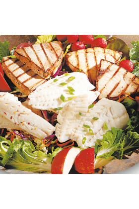 A variety of wild fresh seafood including fish, tuna, and true cod arranged attractively in a seafood combo pack promoting health and wellness.