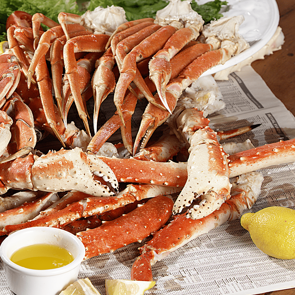 A combo pack of Bairdi and King crab legs presented in a neat arrangement.